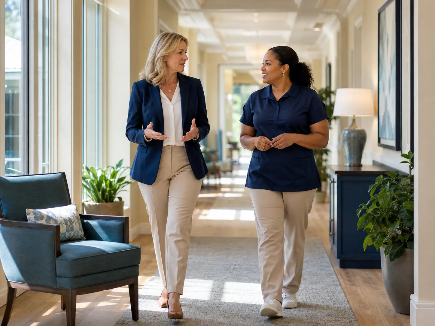 Senior living leaders walking through a community together