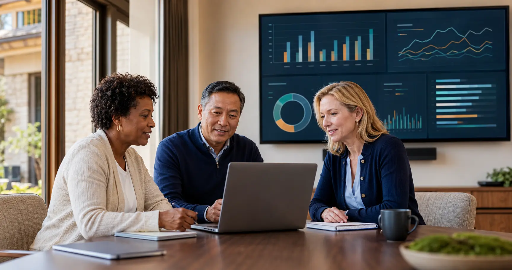 Senior-care leadership team reviewing resident-experience analytics